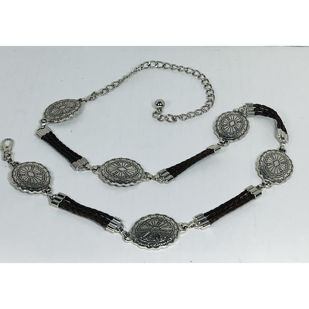 Southwestern Leather Braided Belt w/Silver‎ Tone Conchos & Chain Link 37 In + 14